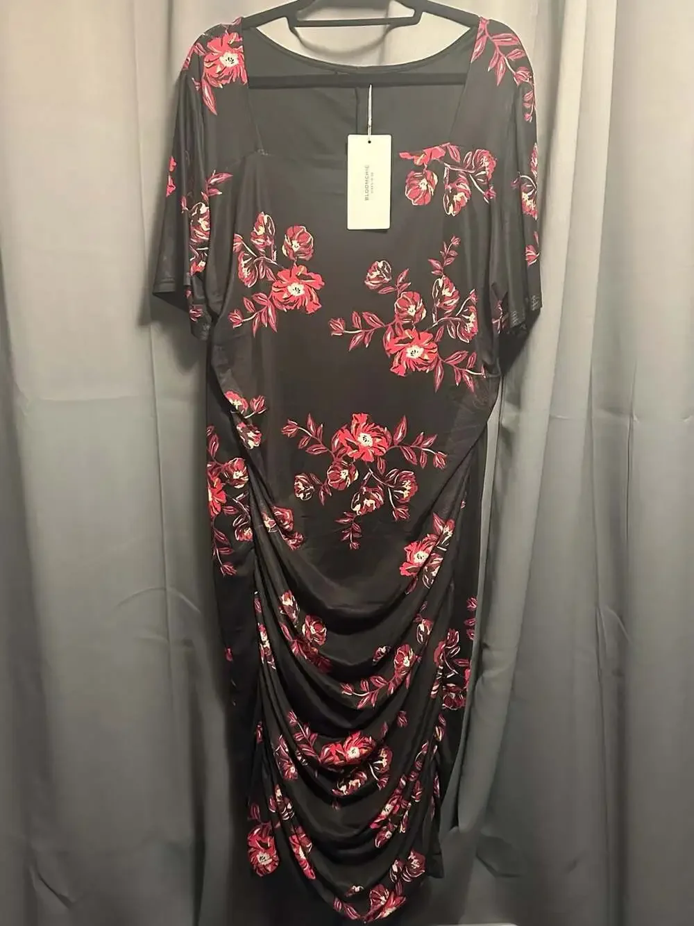 BloomChic Plus Size 2x 18-20 Floral Mesh Square Neck Ruched Midi Dress_3